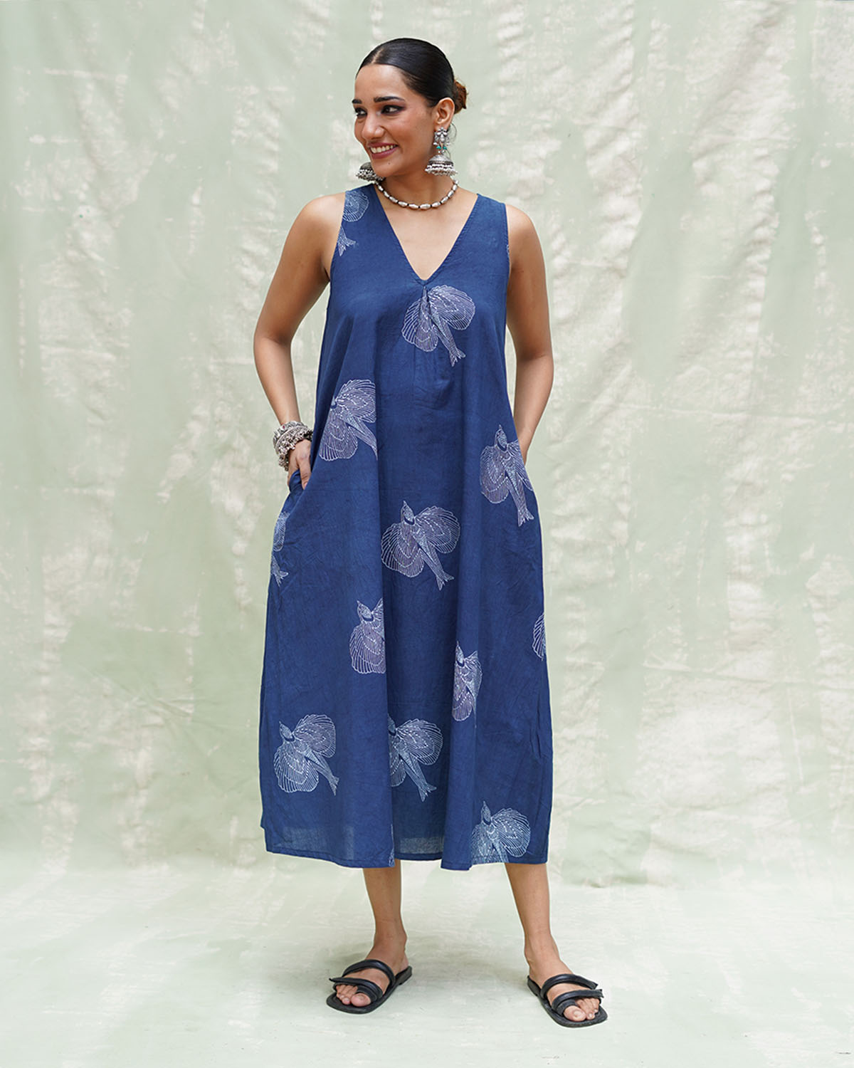 Adana Malhar Blue Handblock Print Cotton Dress - INDI