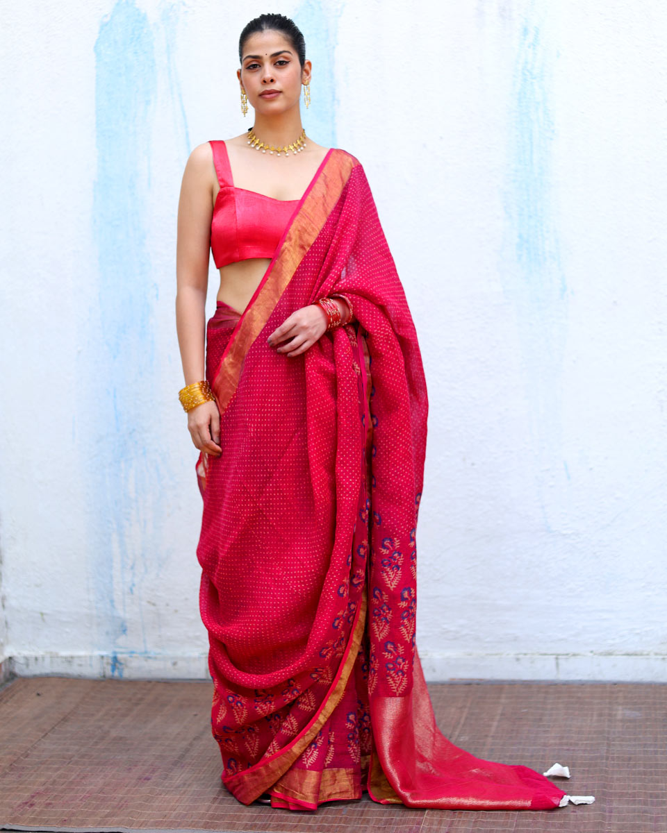 Mehr Pink Handblock Print Linen Saree - RSH