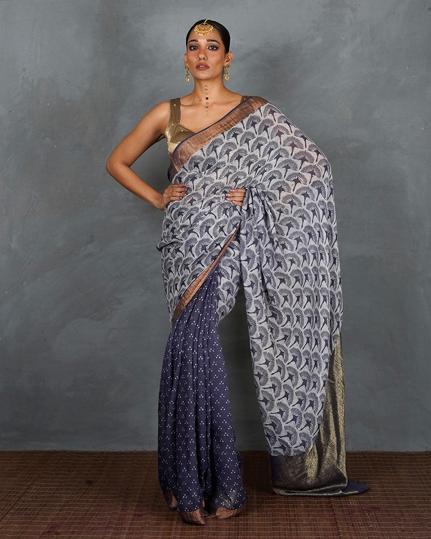 Prabha Blue With White Handblock Linen Saree - TARA