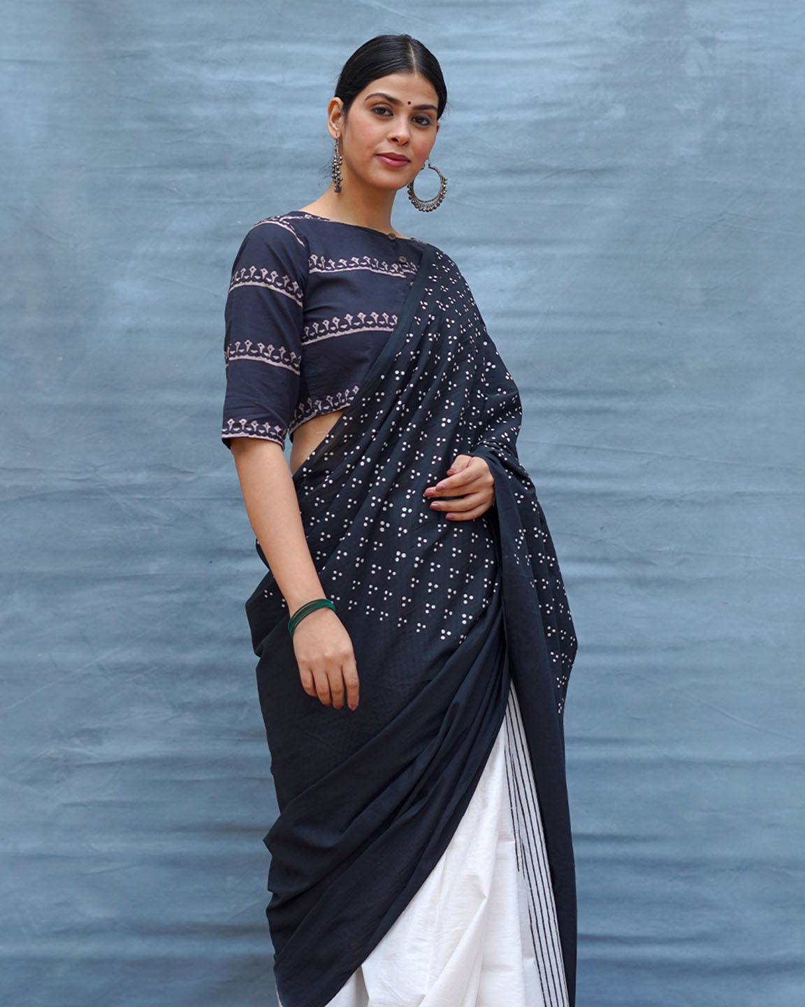 Monochrome Magic Black & White Handblock Print Cotton Saree - M&M