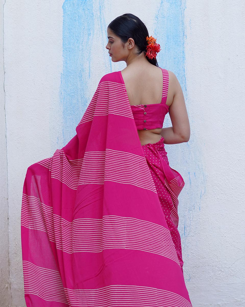 Koyal Pink Handblock Print Cotton Saree - BFG