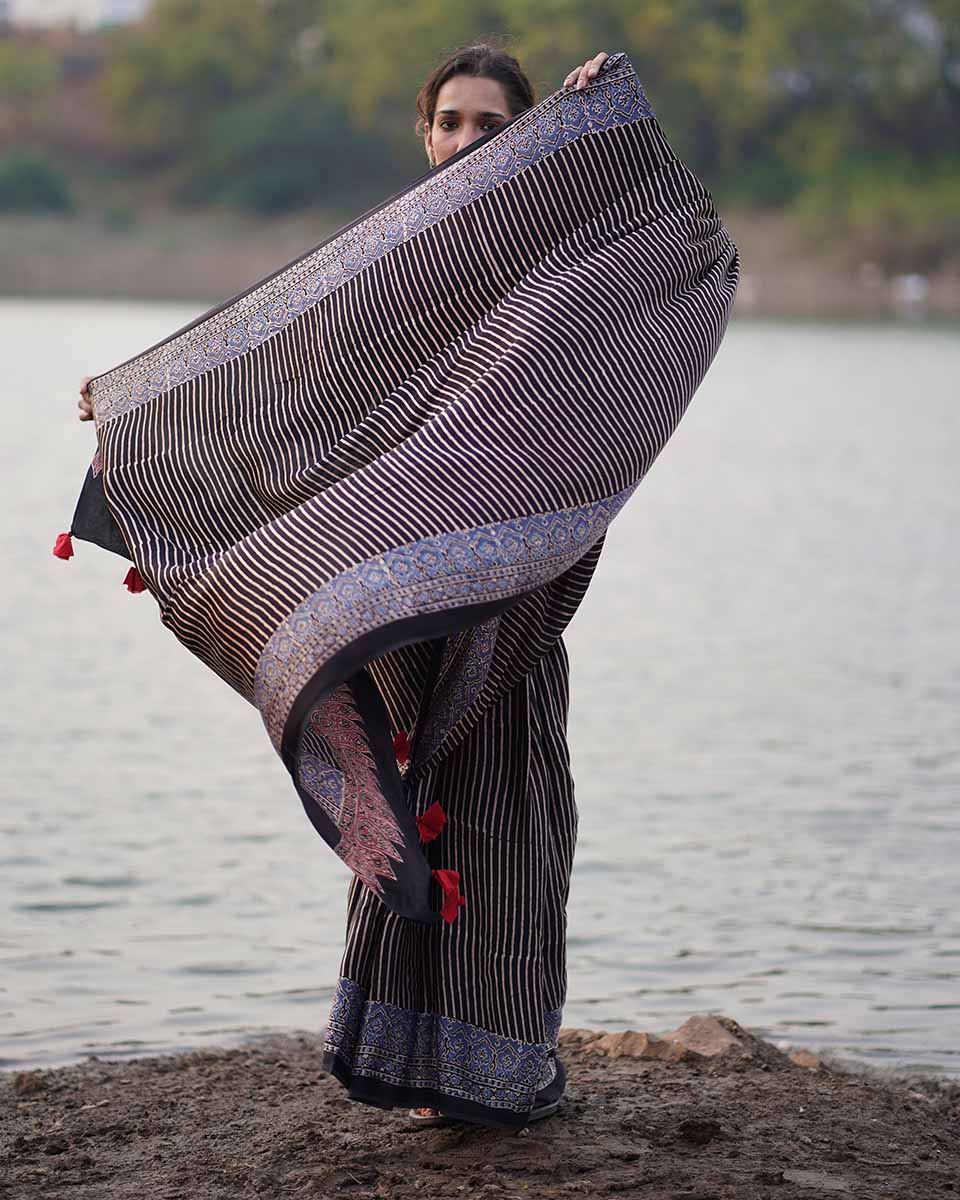 Bhumika Black Block printed Modal Silk Saree - Jaisal