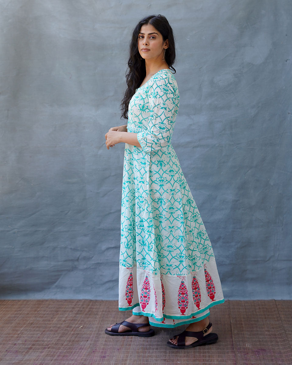Chamomile’s Calm Teal Green Block Printed Cotton Dress - MMG