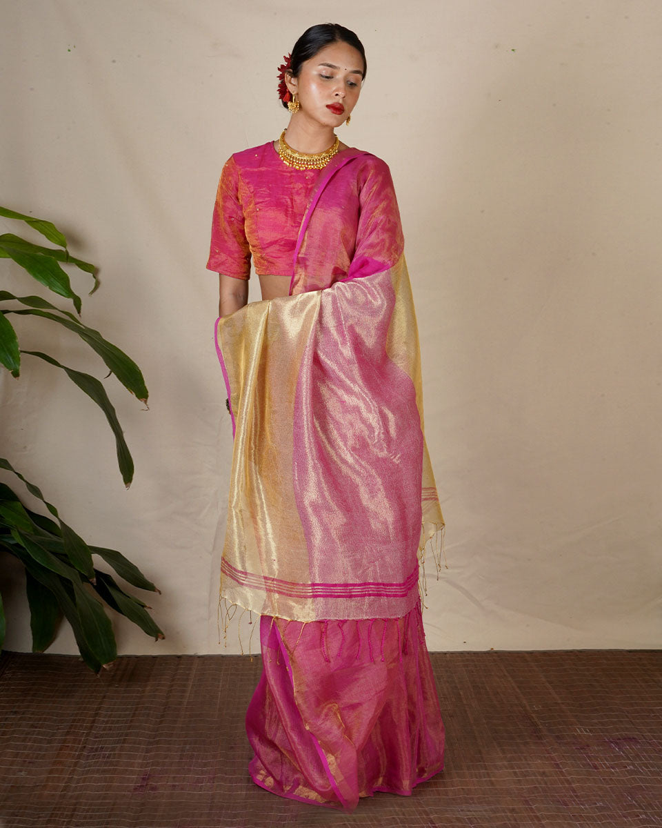 Ujjwala Pink Handwoven Linen Zari Saree - Eknoor