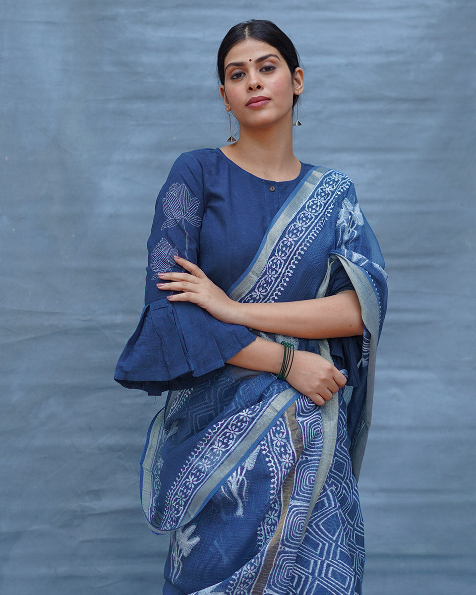 Midnight Sky Blue Block Printed Kota Doria Saree - INDI