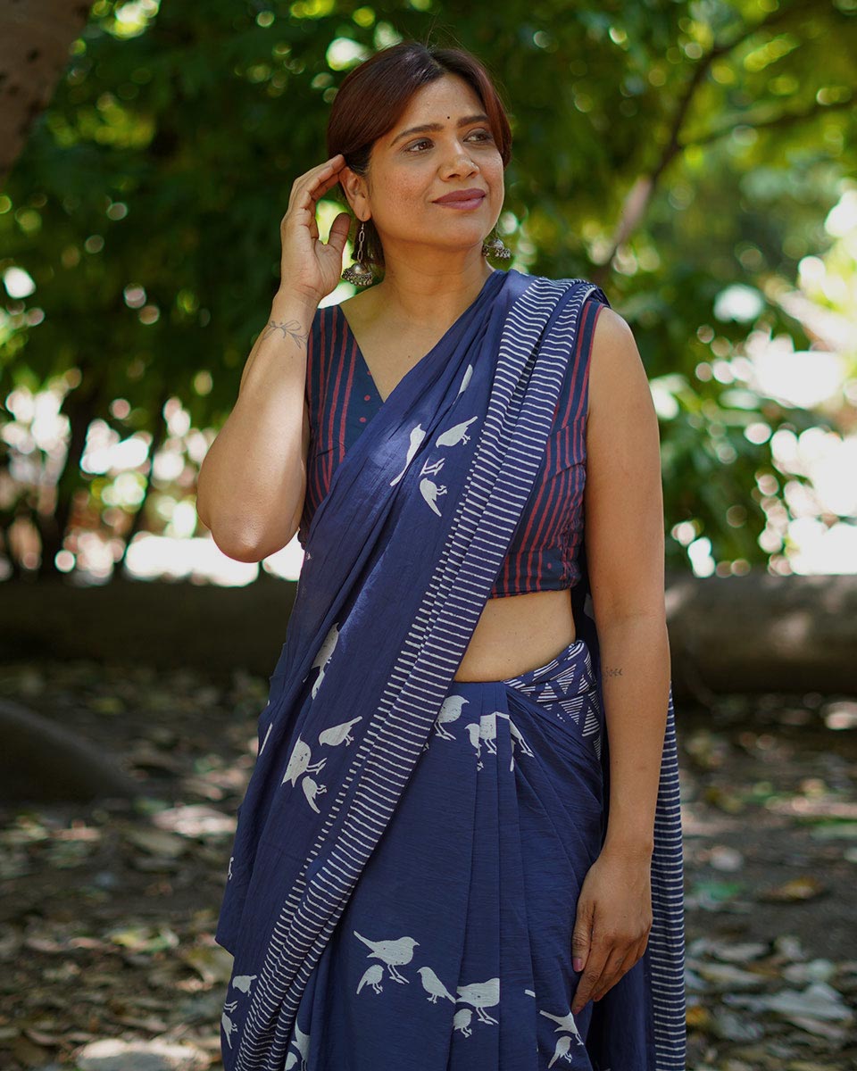 Mehekti Khushboo Blue Hand Block Printed Cotton Saree - UMT