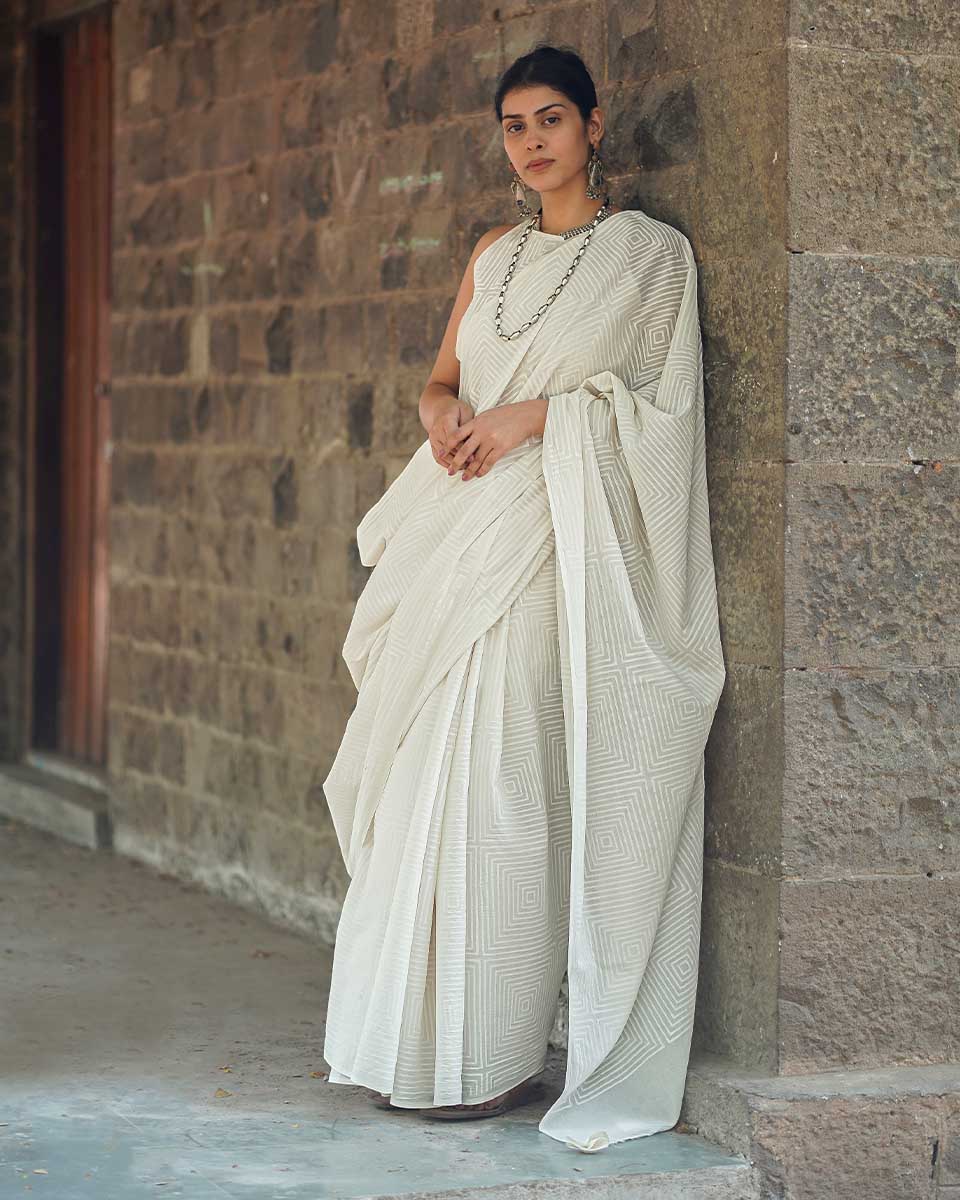 Dust of Dove Ivory Block Printed Saree - SFD