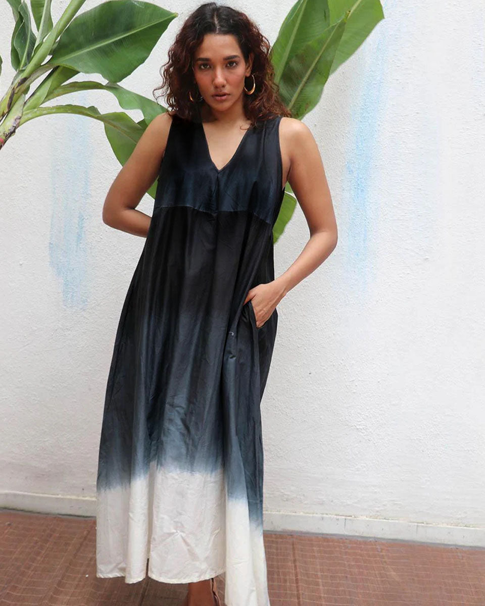 Blackberry Matcha Handblock Printed Cotton Dress - Mono