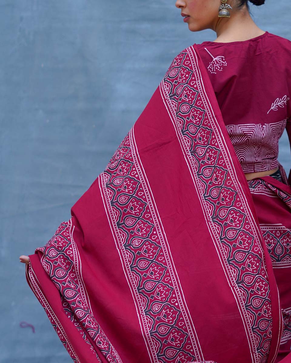 Labanya Maroon Handblock Printed Cotton Saree - Soil