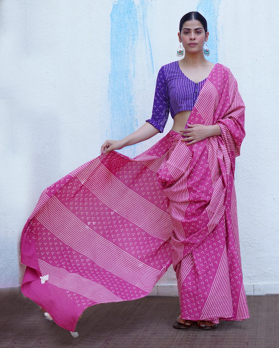 Patang Pink Handblock Print Cotton Saree - BFG