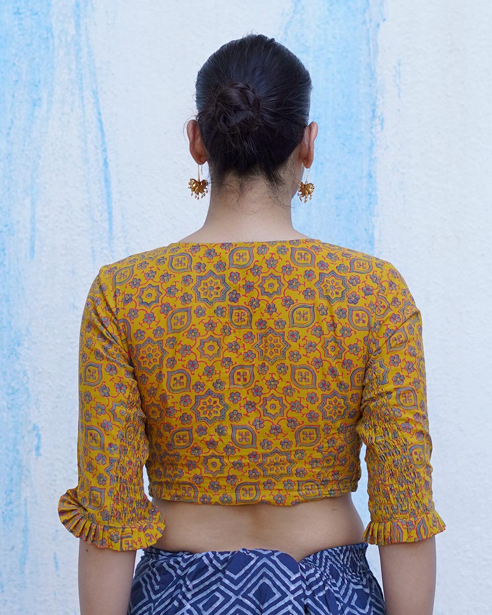 Swinging in veranda Mustard Yellow Hand Block Printed Cotton Blouse - UMT