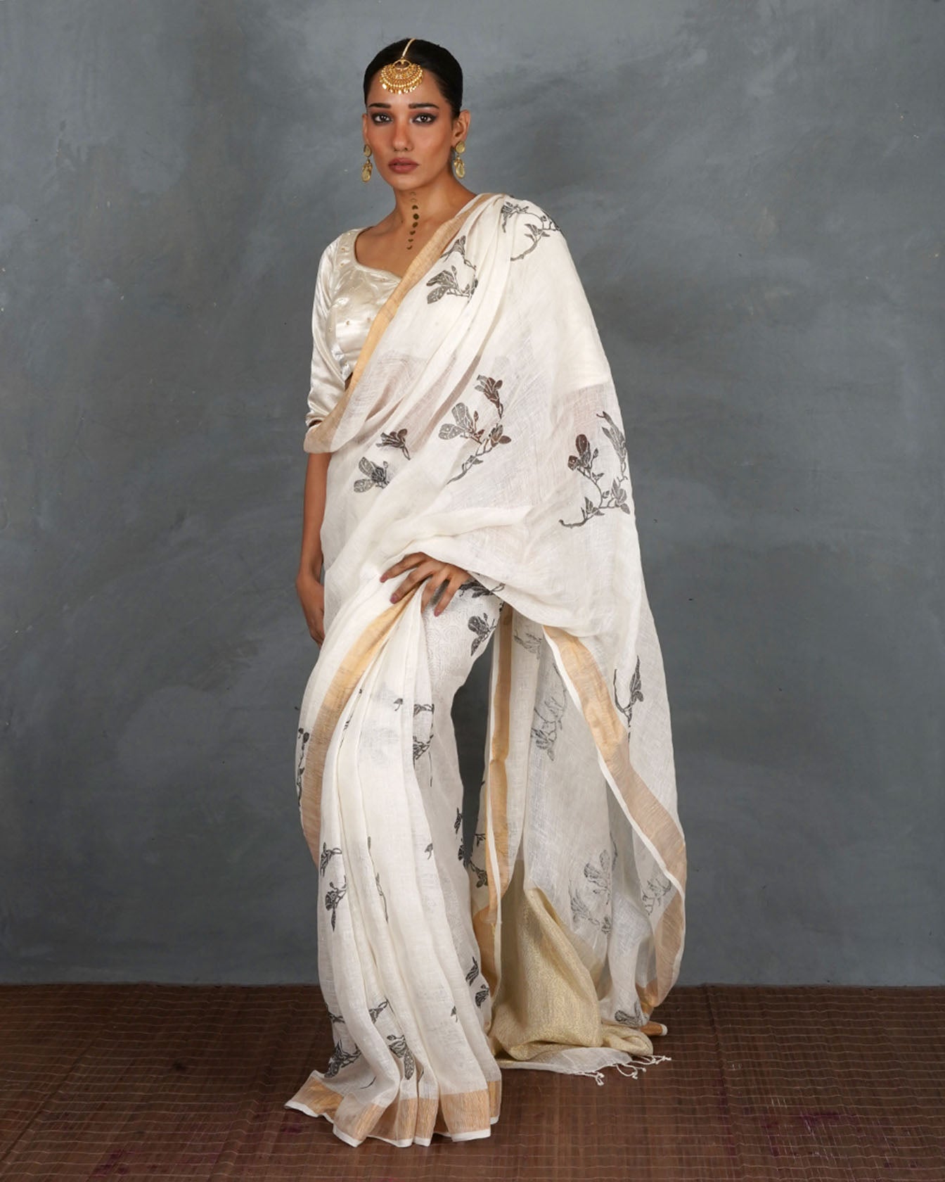 Aabroo White Handblock Linen Saree - TARA