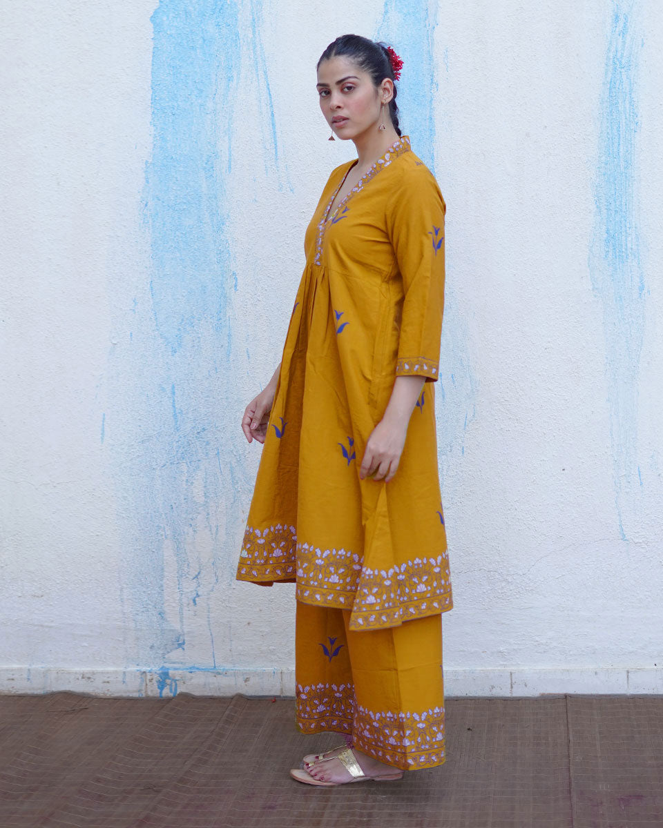 Rangeeli Mustard Yellow Handblock Print Cotton Kurta Set - BFG
