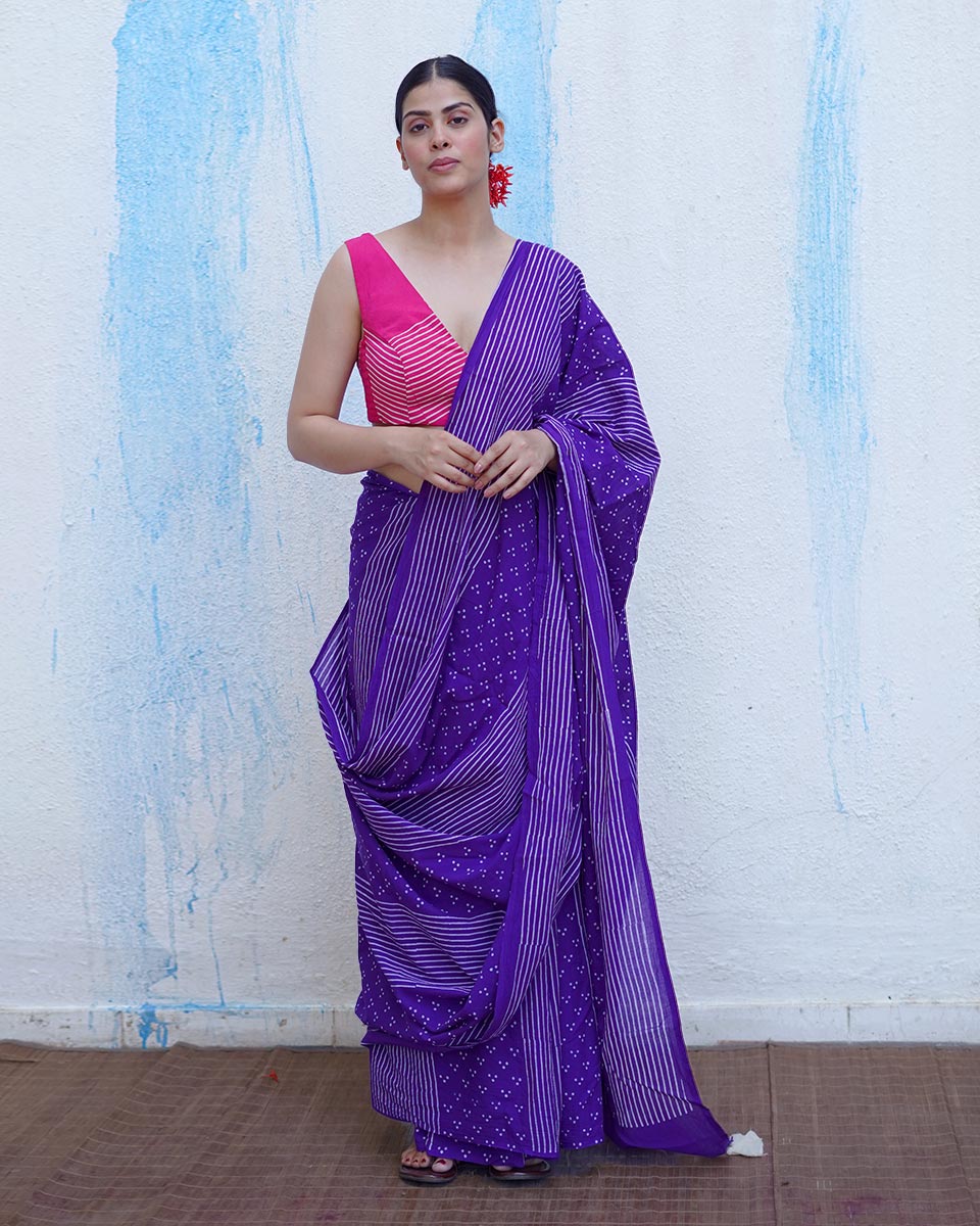 Chidiya Purple Handblock Print Cotton Saree - BFG