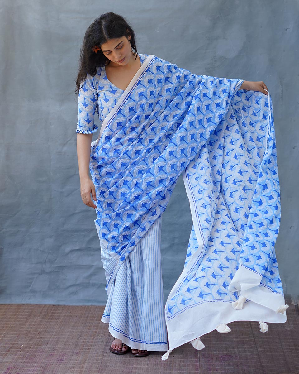 Maya Blue Hand Block Printed Saree-BAD
