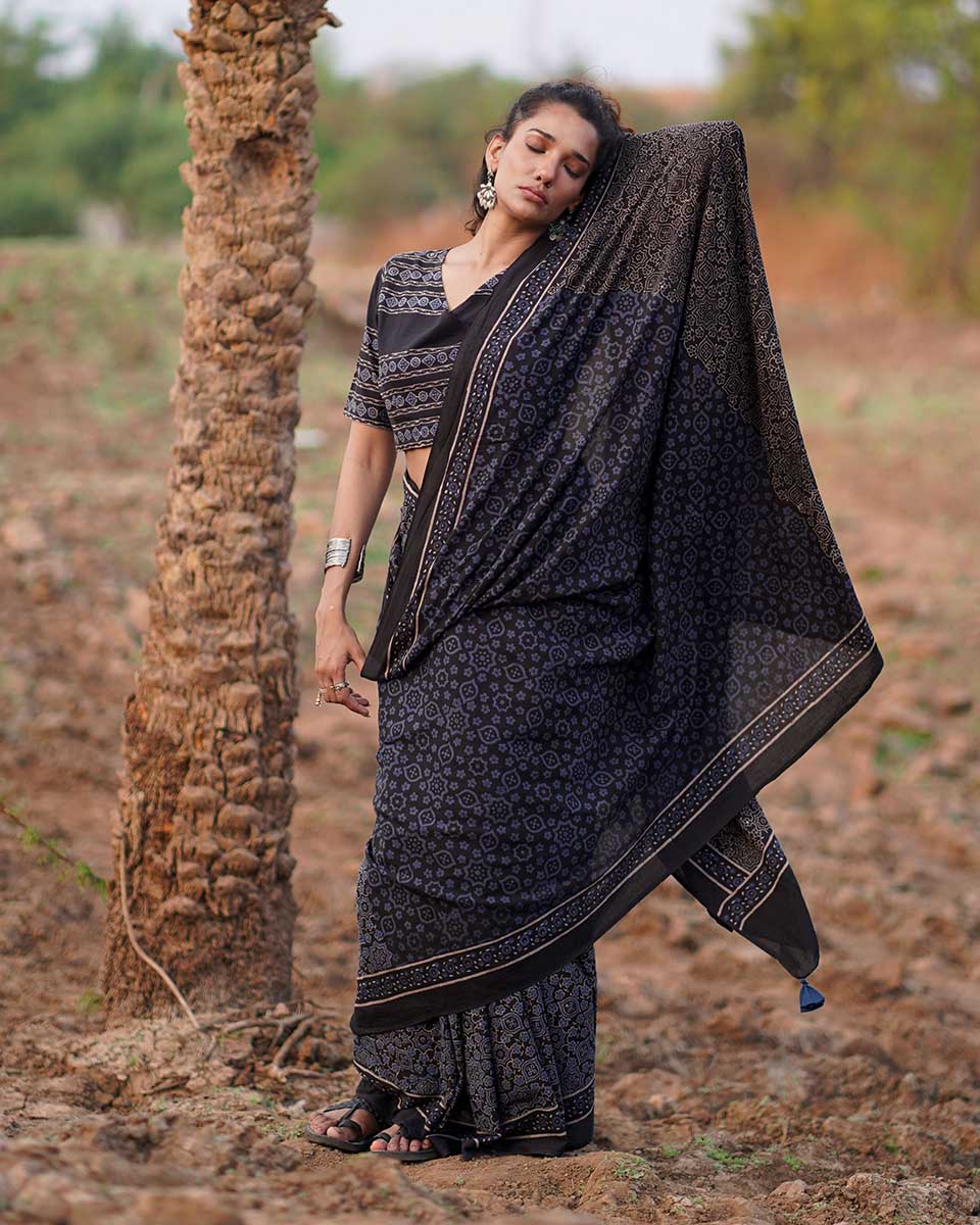 Nightscented Orchids Blockprinted Cotton Saree-WWB