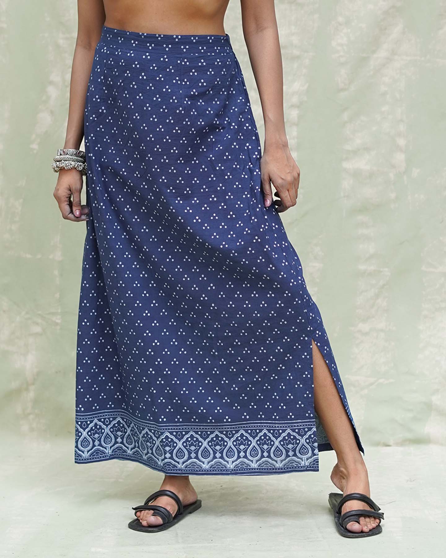 Malati Blue Handblock Print Cotton Skirt - INDI