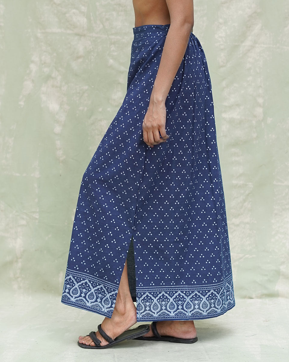 Malati Blue Handblock Print Cotton Skirt - INDI