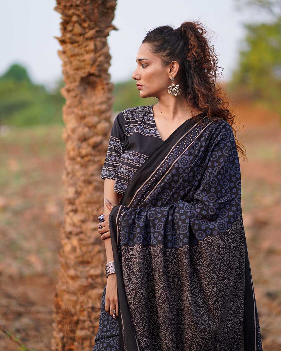 Nightscented Orchids Blockprinted Cotton Saree-WWB