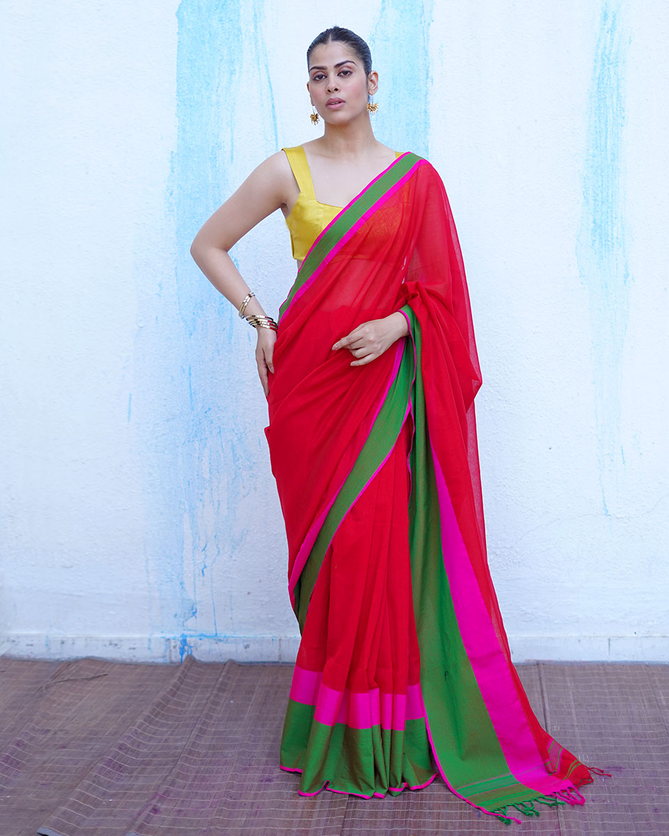 Eos Red With Green Handwoven Cotton Saree - NTC