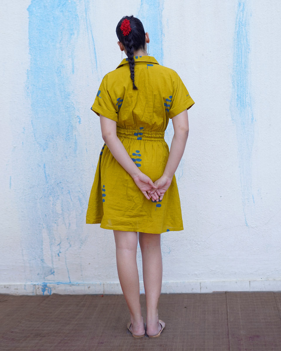 Chanchal Mustard Yellow Handblock Print Cotton Dress - BFG