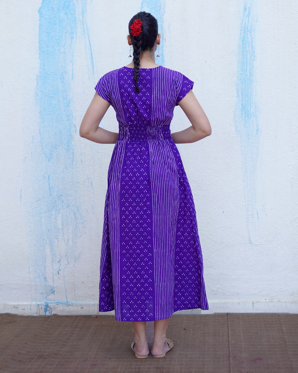 Lahari Purple Handblock Print Cotton Dress - BFG