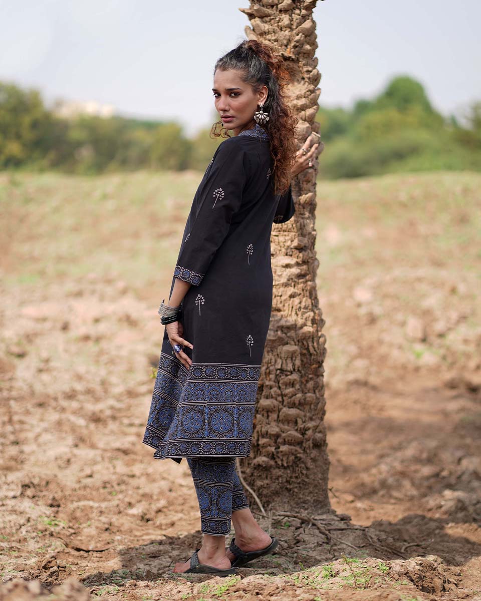 Twilight Petals Blockprinted Cotton Kurta Set-WWB
