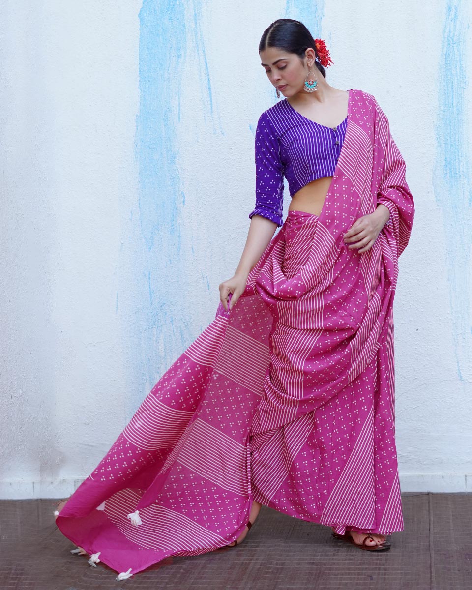 Patang Pink Handblock Print Cotton Saree - BFG