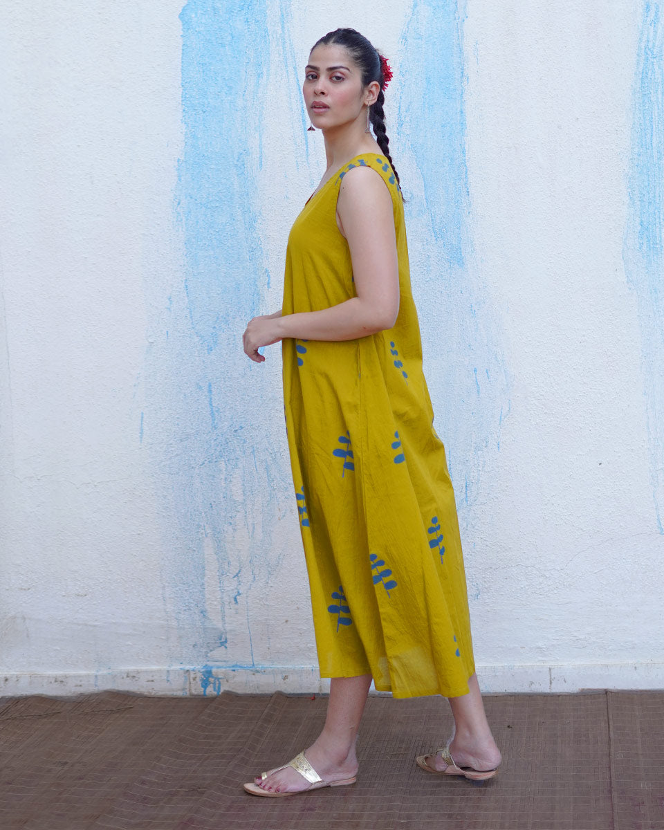 Natkhat Mustard Yellow Handblock Print Cotton Dress - BFG