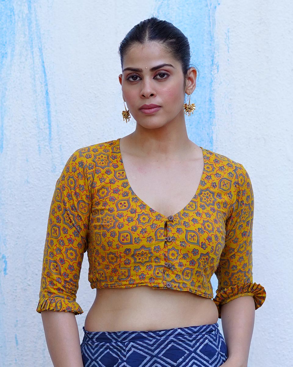 Swinging in veranda Mustard Yellow Hand Block Printed Cotton Blouse - UMT
