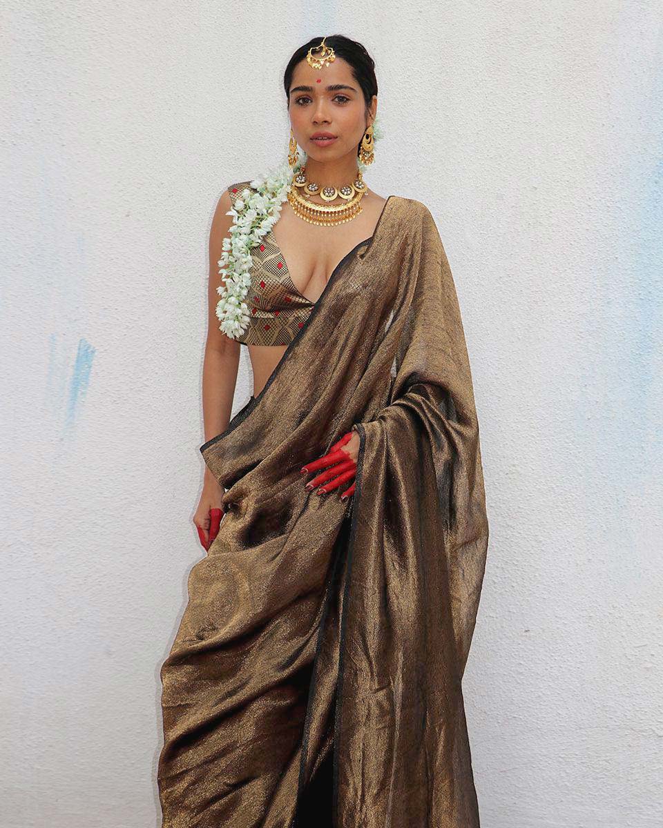 Mrinal Brown Handwoven Linen Zari Saree
