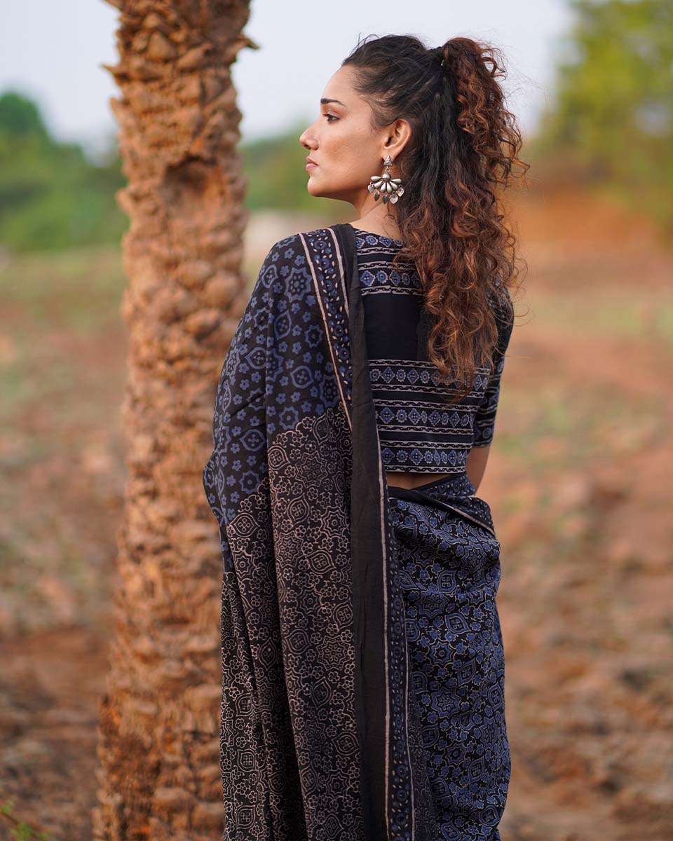 Nightscented Orchids Blockprinted Cotton Saree-WWB