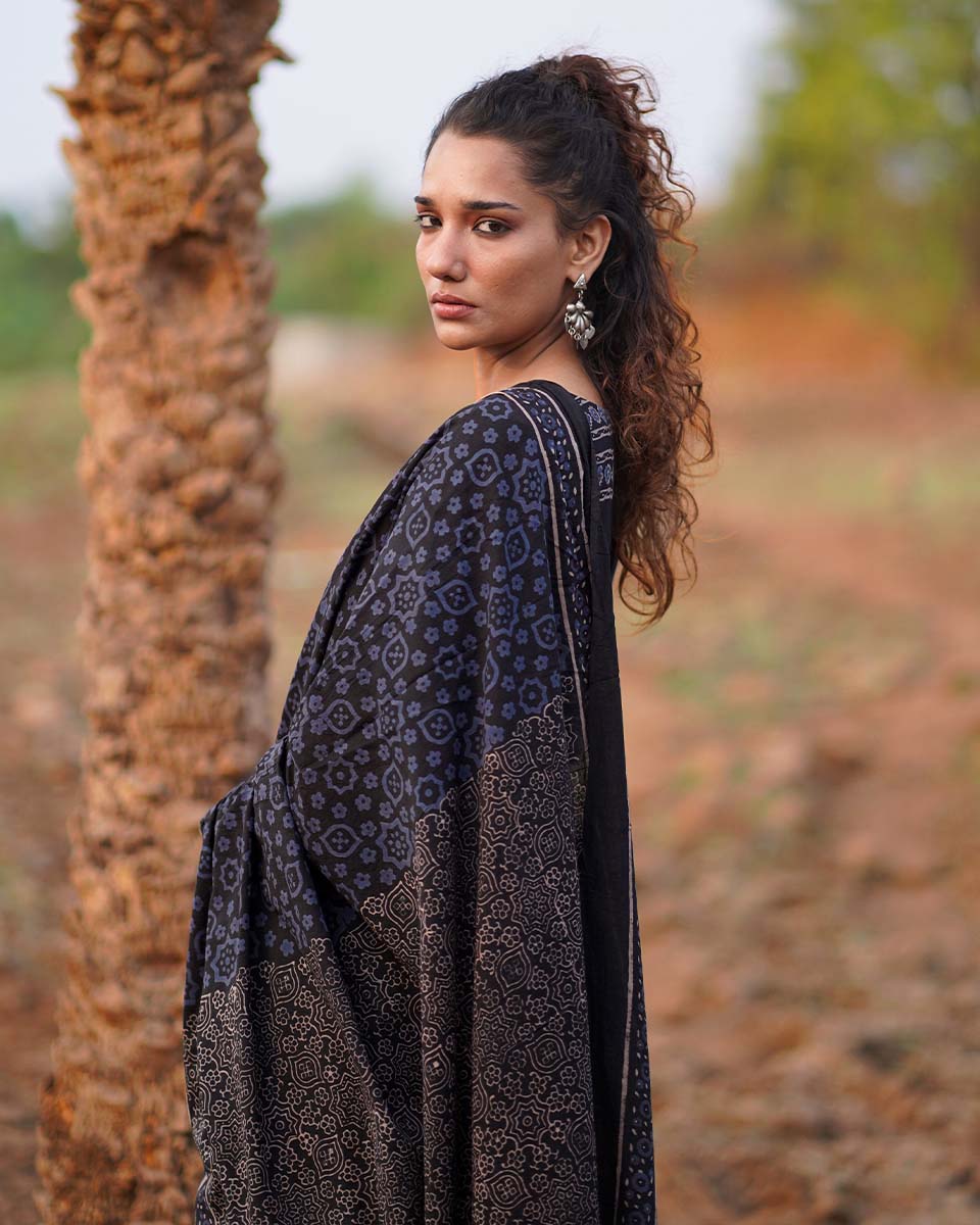 Nightscented Orchids Blockprinted Cotton Saree-WWB