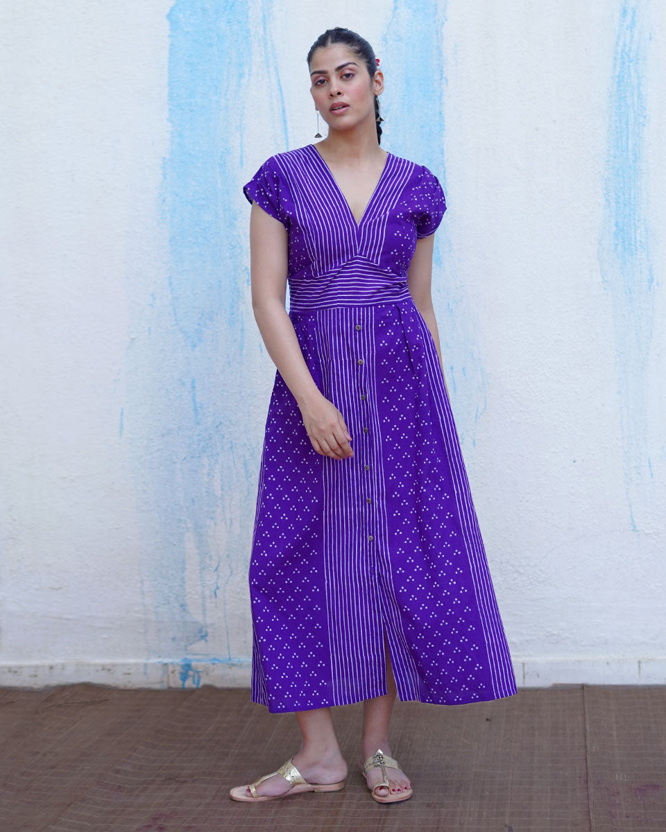 Lahari Purple Handblock Print Cotton Dress - BFG