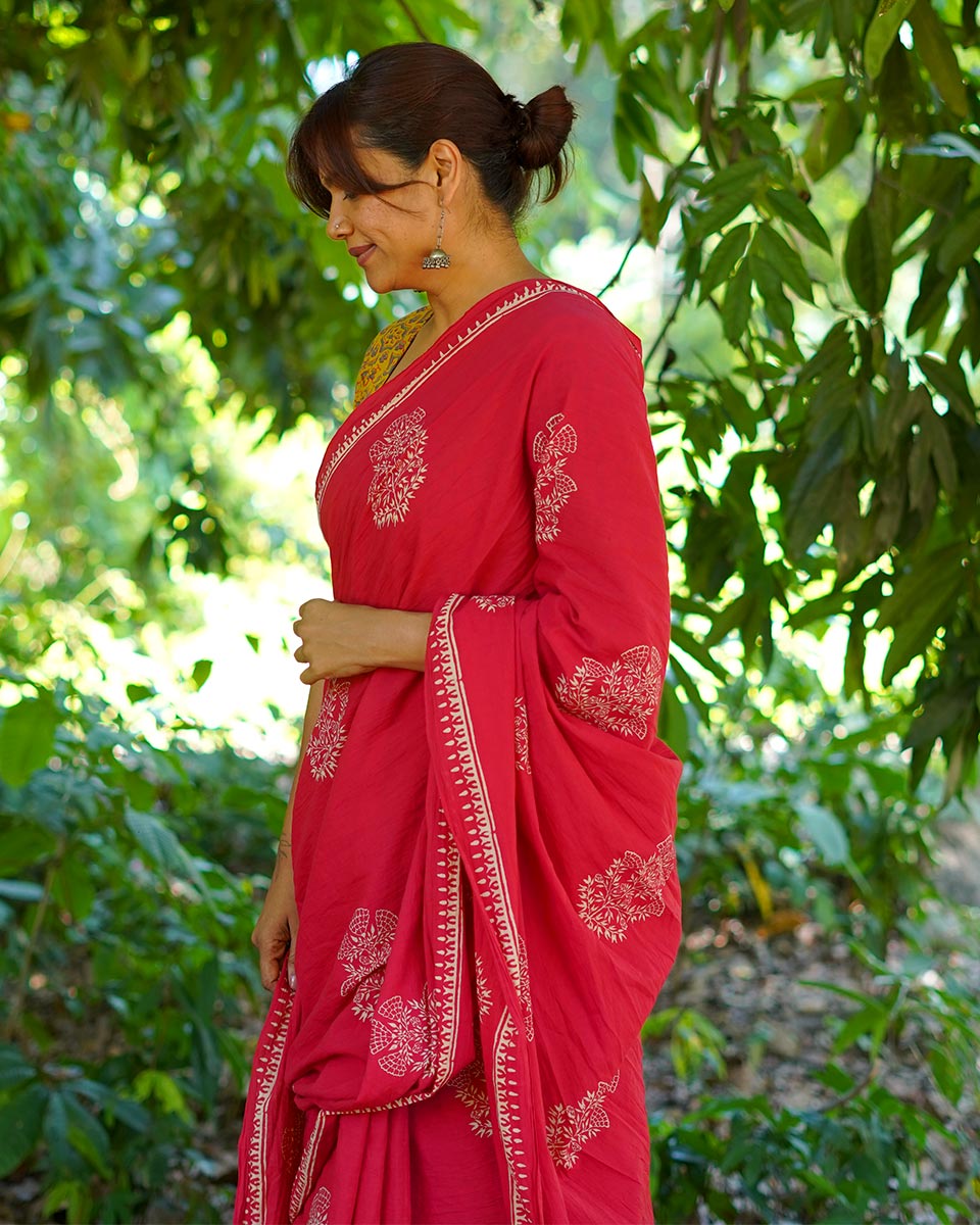 Walking Barefoot Red Hand Block Printed Cotton Saree - UMT