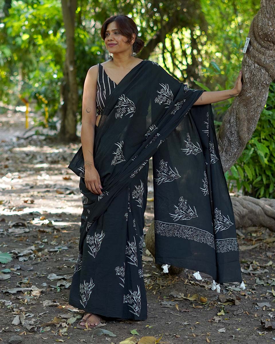 Afternoon Nap Black Hand Block Printed Cotton Saree - UMT