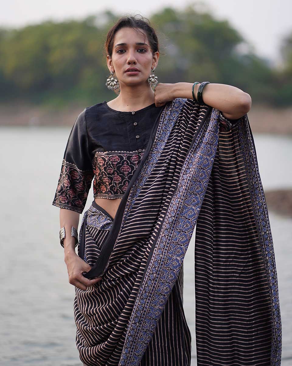 Bhumika Black Block printed Modal Silk Saree - Jaisal