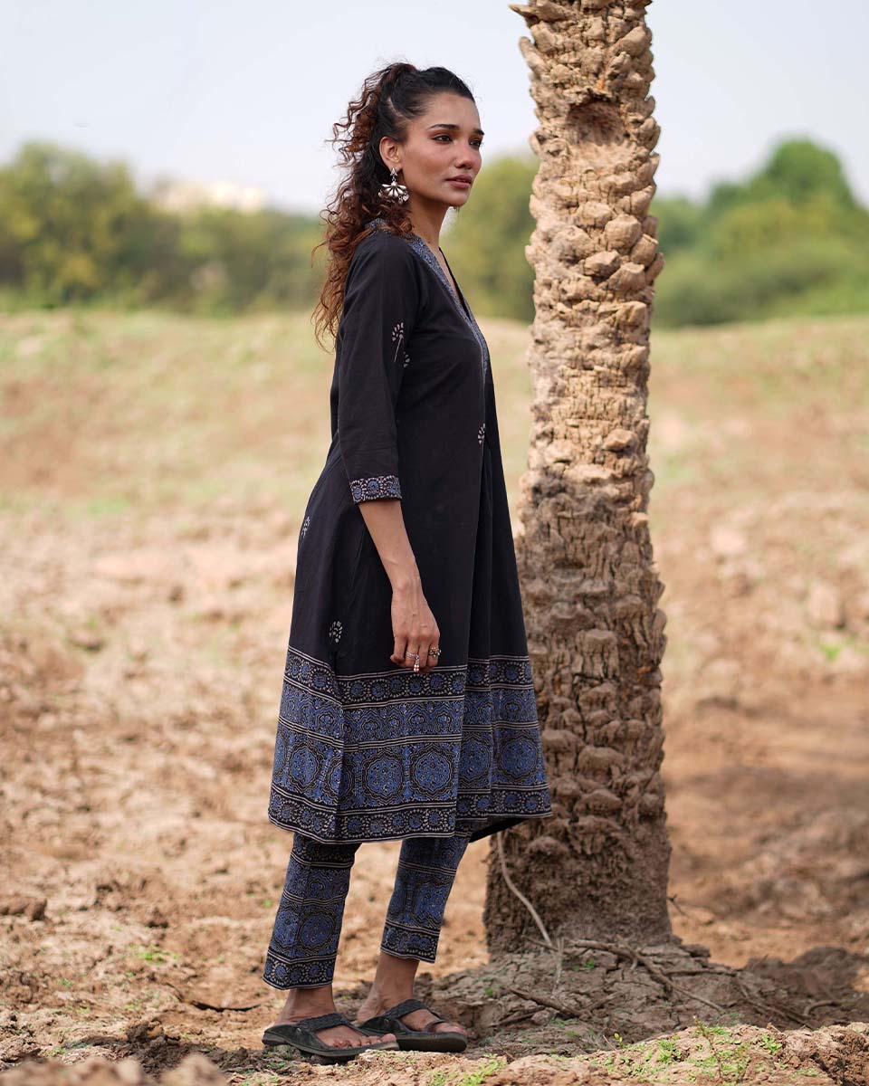 Twilight Petals Blockprinted Cotton Kurta Set-WWB