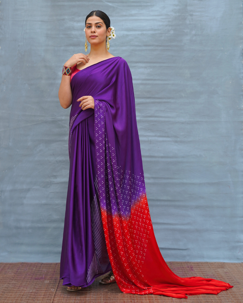 Still Current Purple Handblock Print Modal Silk Saree - Flow