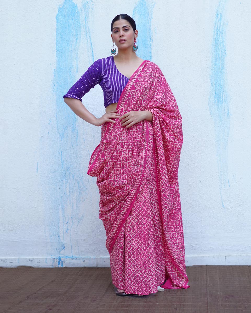 Phulpari Pink Handblock Print Cotton Saree - BFG