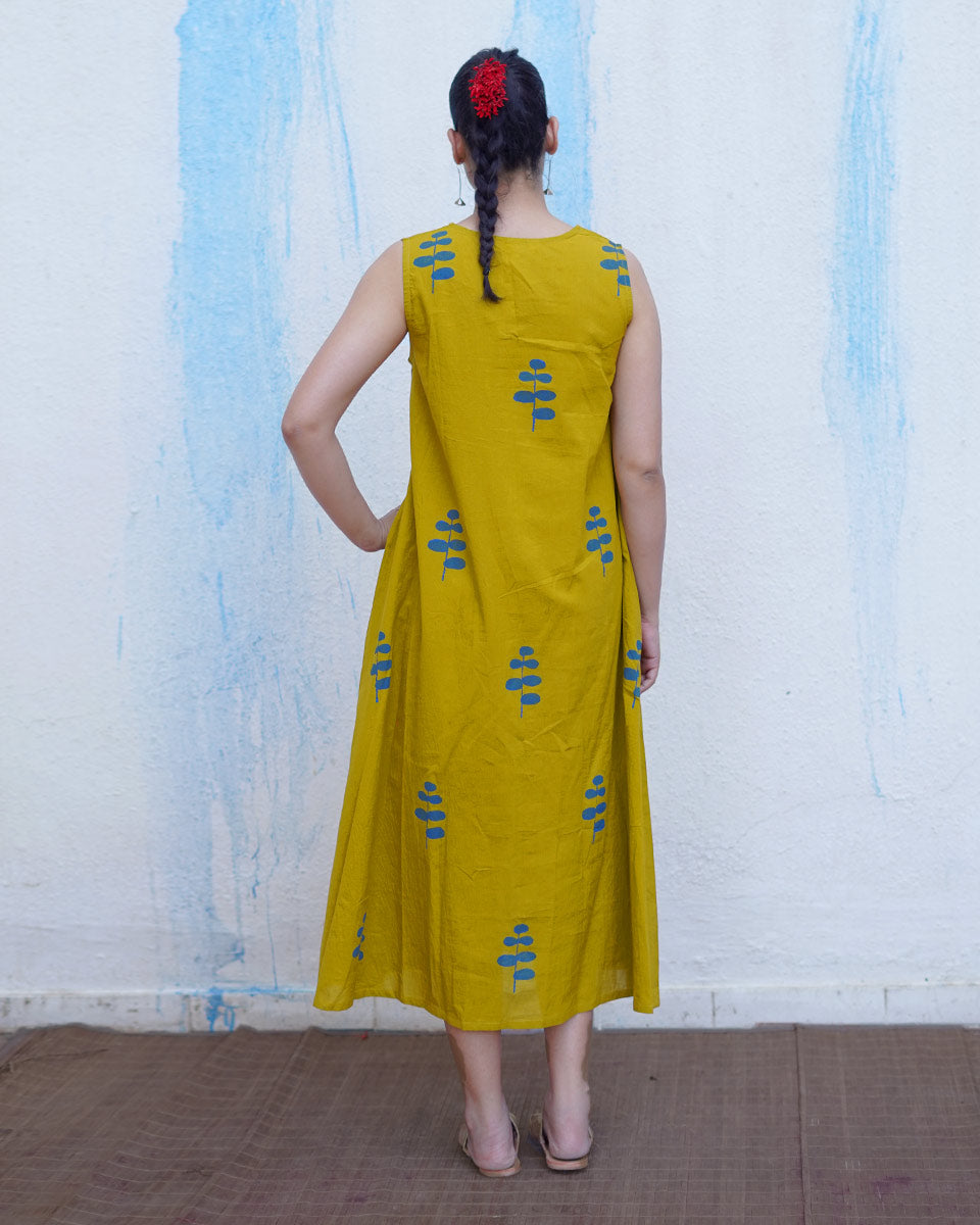 Natkhat Mustard Yellow Handblock Print Cotton Dress - BFG