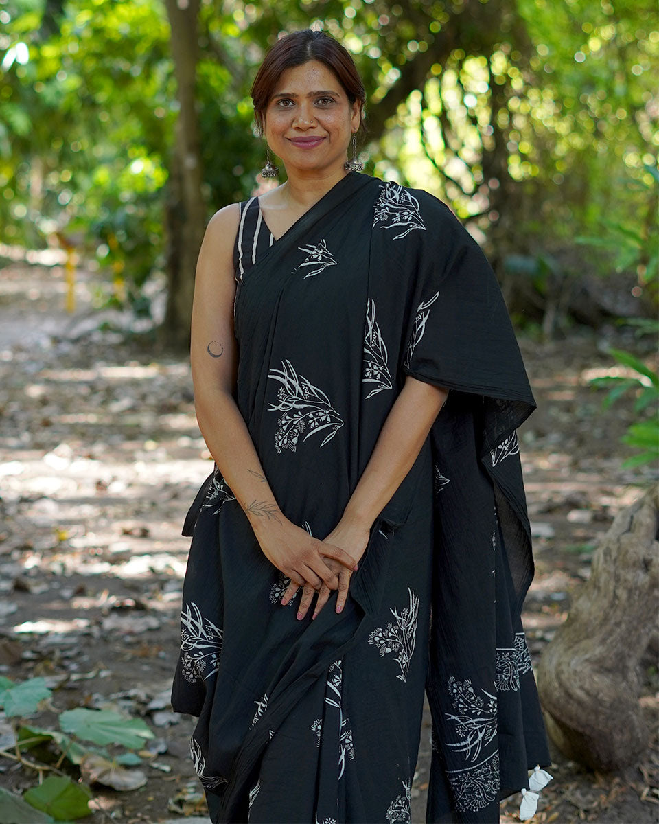 Afternoon Nap Black Hand Block Printed Cotton Saree - UMT