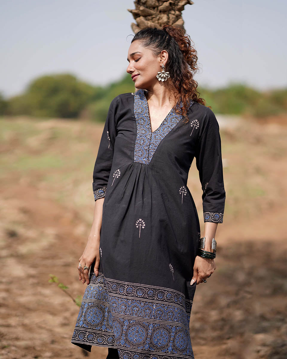 Twilight Petals Blockprinted Cotton Kurta Set-WWB