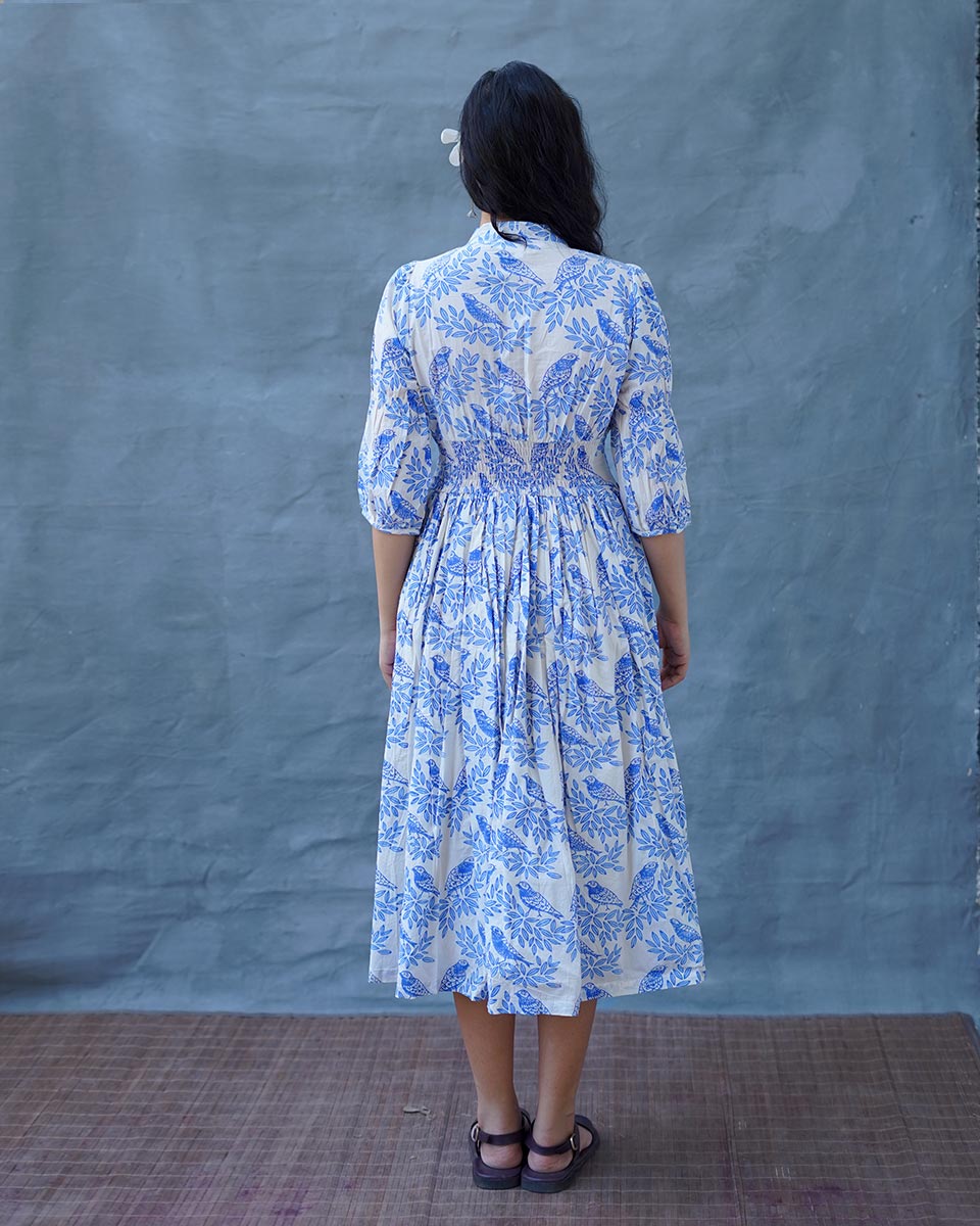 Neyra Ivory Blue Hand Block Printed Dress-BAD