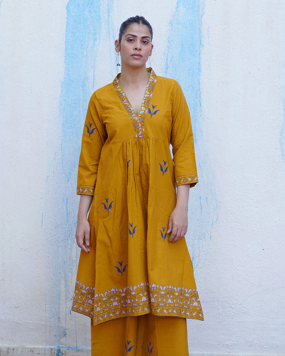 Rangeeli Mustard Yellow Handblock Print Cotton Kurta Set - BFG