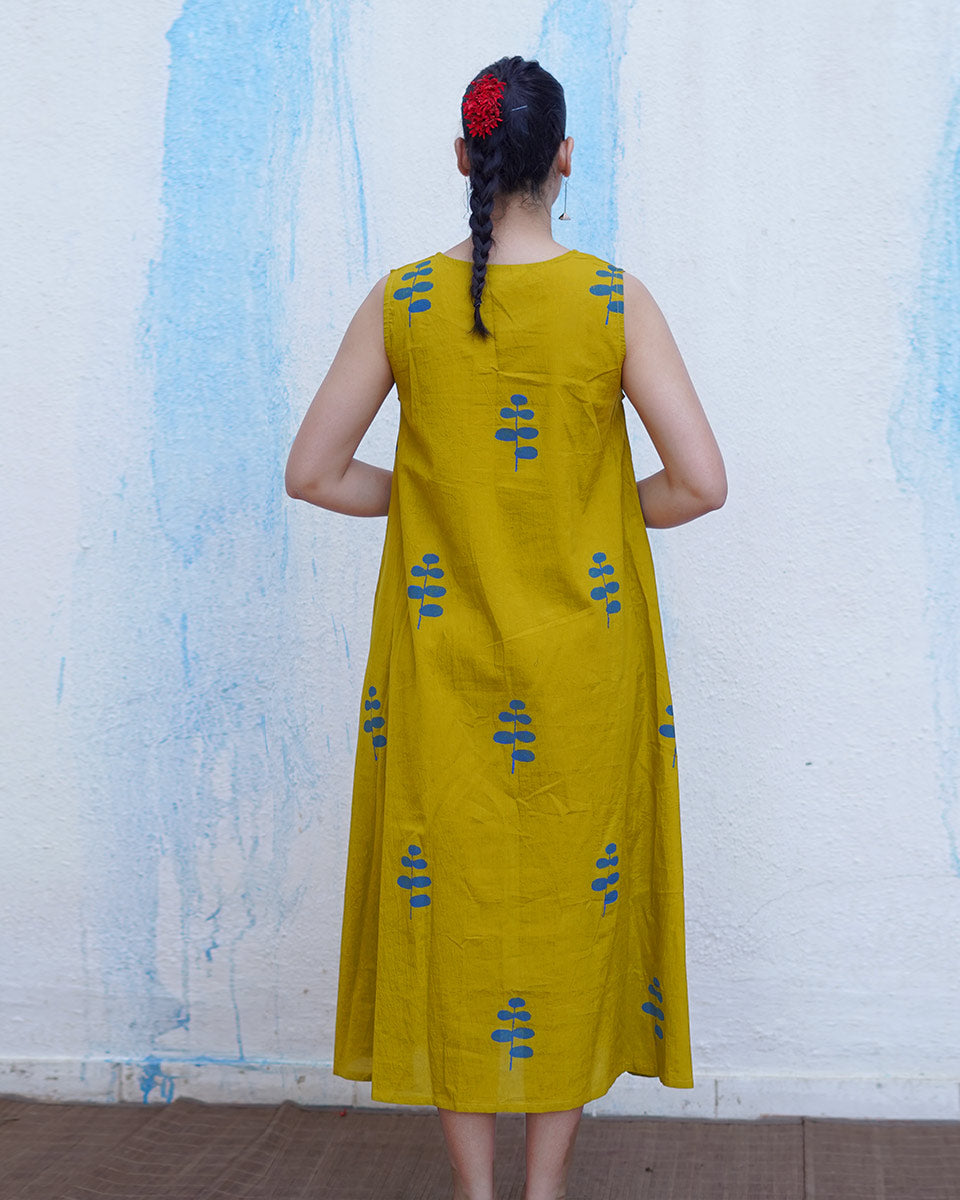 Natkhat Mustard Yellow Handblock Print Cotton Dress - BFG