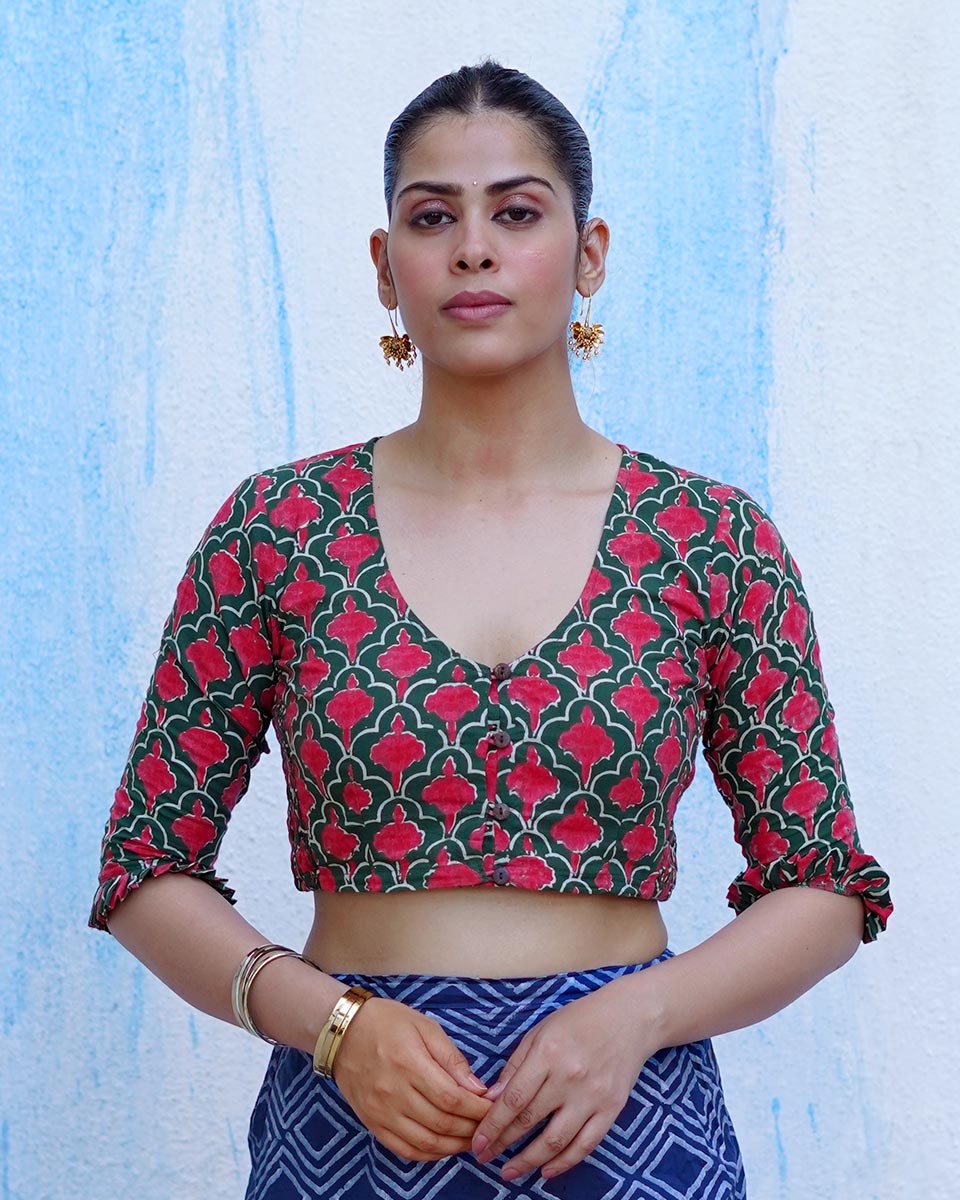 Nowhere To Be Green Hand Block Printed Cotton Blouse - UMT