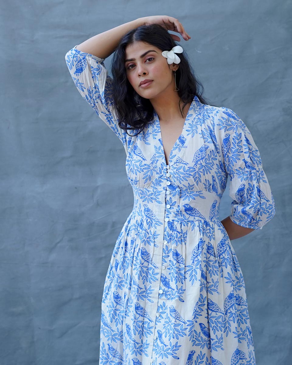 Neyra Ivory Blue Hand Block Printed Dress-BAD