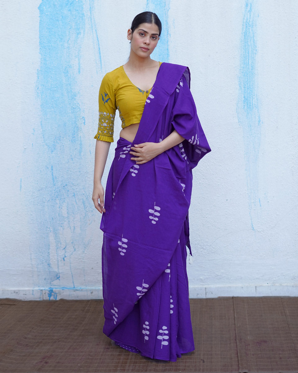 Kuhu Purple Handblock Print Cotton Saree - BFG