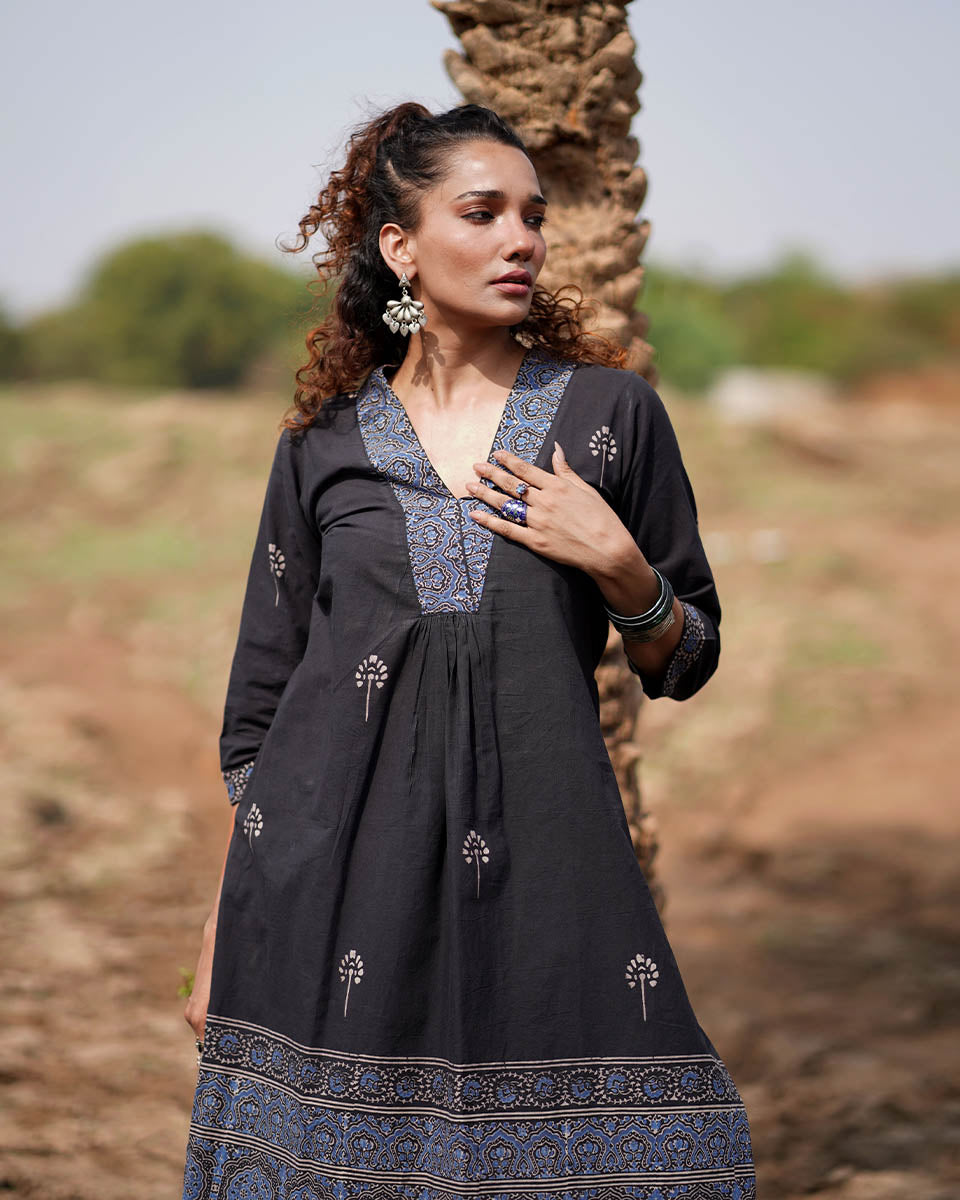 Twilight Petals Blockprinted Cotton Kurta Set-WWB